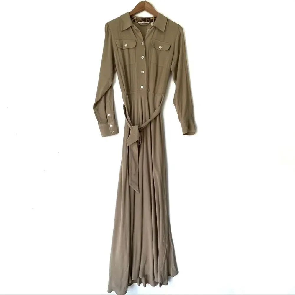 Soft Surroundings Savanna Maxi Shirt dress with tie waist Tan sz XS
